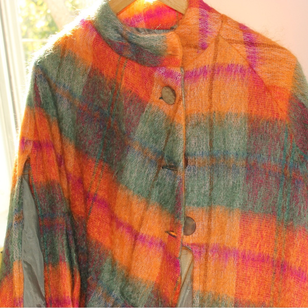 Mohair Scotch House Orange Pink Green Belted Cape M/L